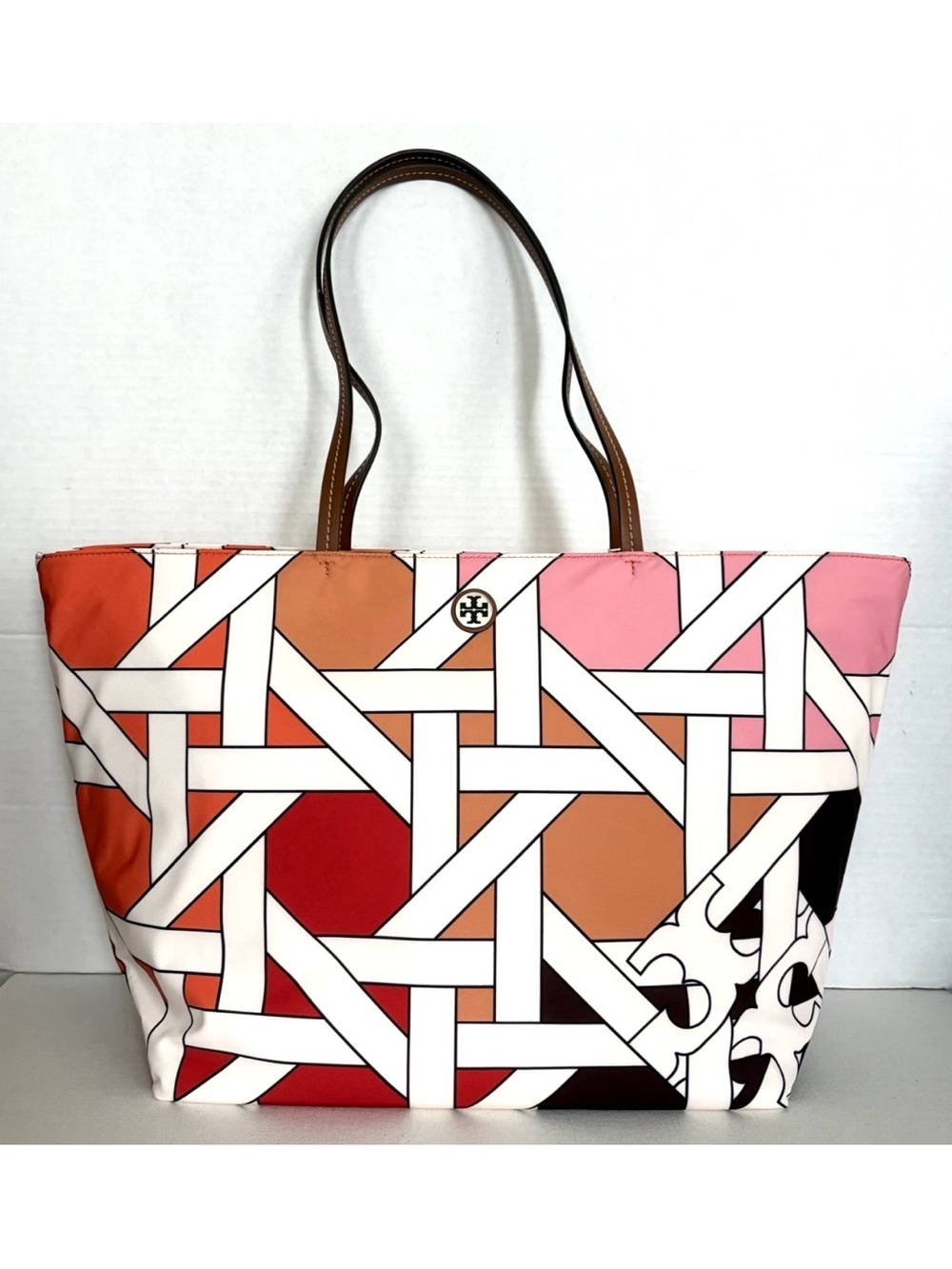 New Tory Burch Nylon Printed Tote Colorblock Pink-Red Basketweave